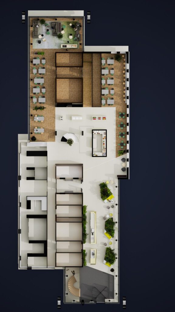 Top-down view of the interior layout of De Entree, featuring workspaces, meeting rooms, lounge areas, and green zones.